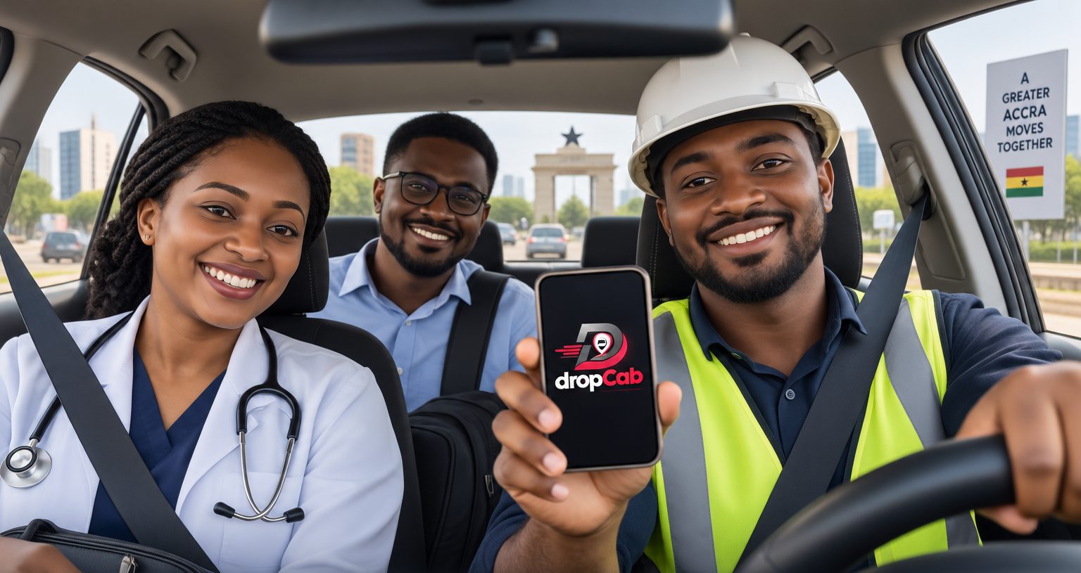 A nurse, an office worker and a site engineer sharing a car through Accra, the driver holding up the dropCab app